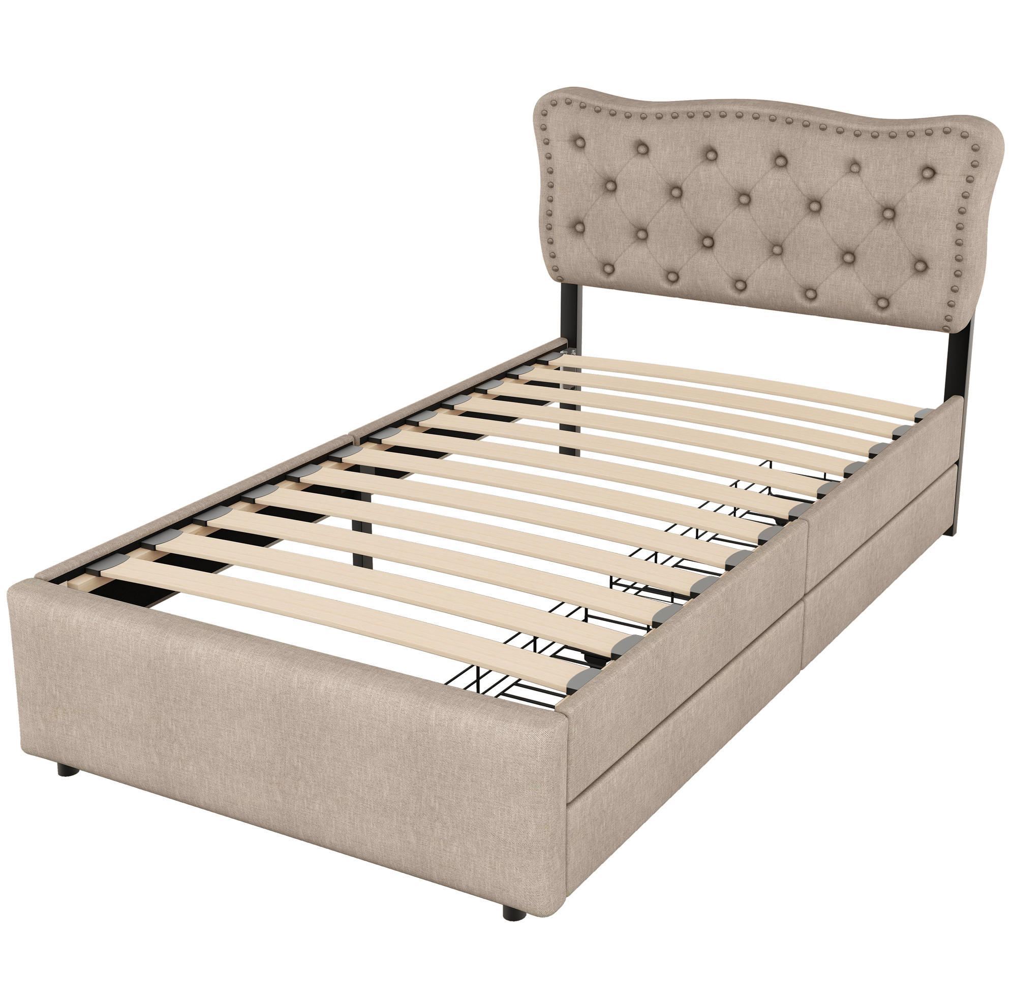 POLSTERBETT aus MDF und Leinen 90x200 cm in Dunkelbeige mit 2 Schubladen - Beige, Textil (90/200cm) - Modfu