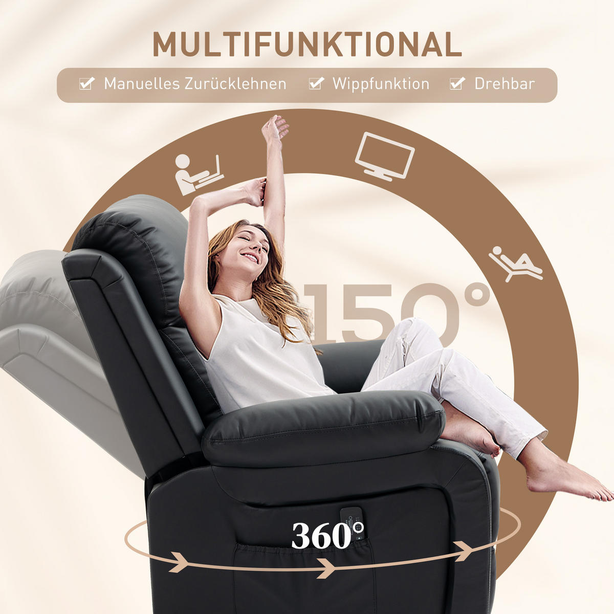 RELAXSESSEL, Kunstleder, Schwarz - Schwarz, Kunststoff/Metall (90/101/93cm) - HOMCOM
