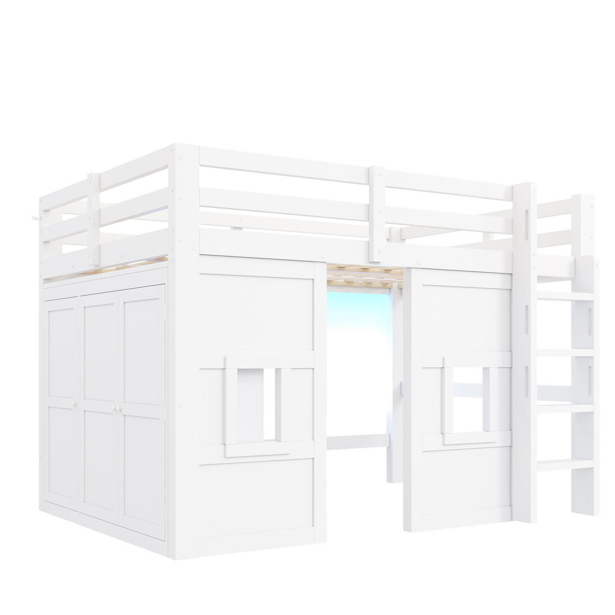 HOCHBETT 140/200 cm mit Kleiderschrank, 2 Fenstern und LED-Beleuchtung, aus Holz, Weiß - Weiß, Holzwerkstoff (140/200cm) - Redom