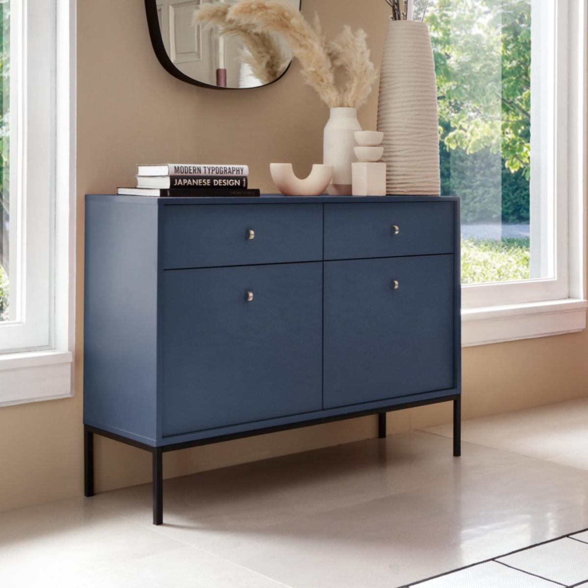 KOMMODE BARI K2D2SZ (Blau, Goldene Griffe, Schwarzes Gestell, Schubladen) - Goldfarben/Schwarz, Holz/Holzwerkstoff (104/83/39cm) - Ravio