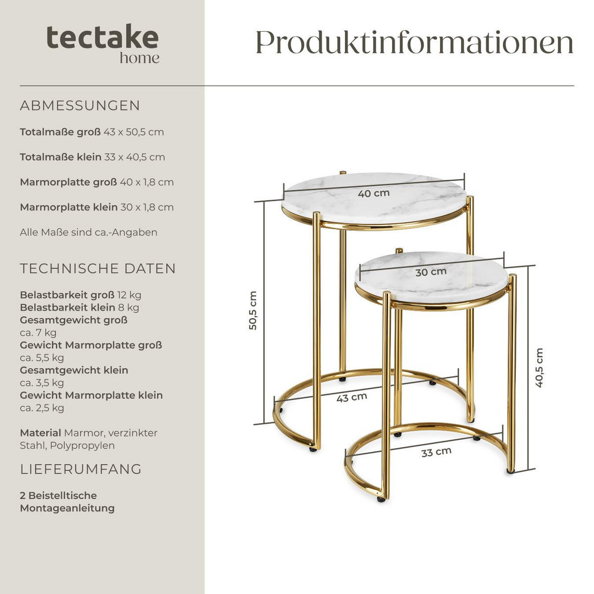 BEISTELLTISCH Ellsa,ineinander schiebbar,weiß/gold - Goldfarben/Weiß, Stein (43/43/50.5cm) - tectake