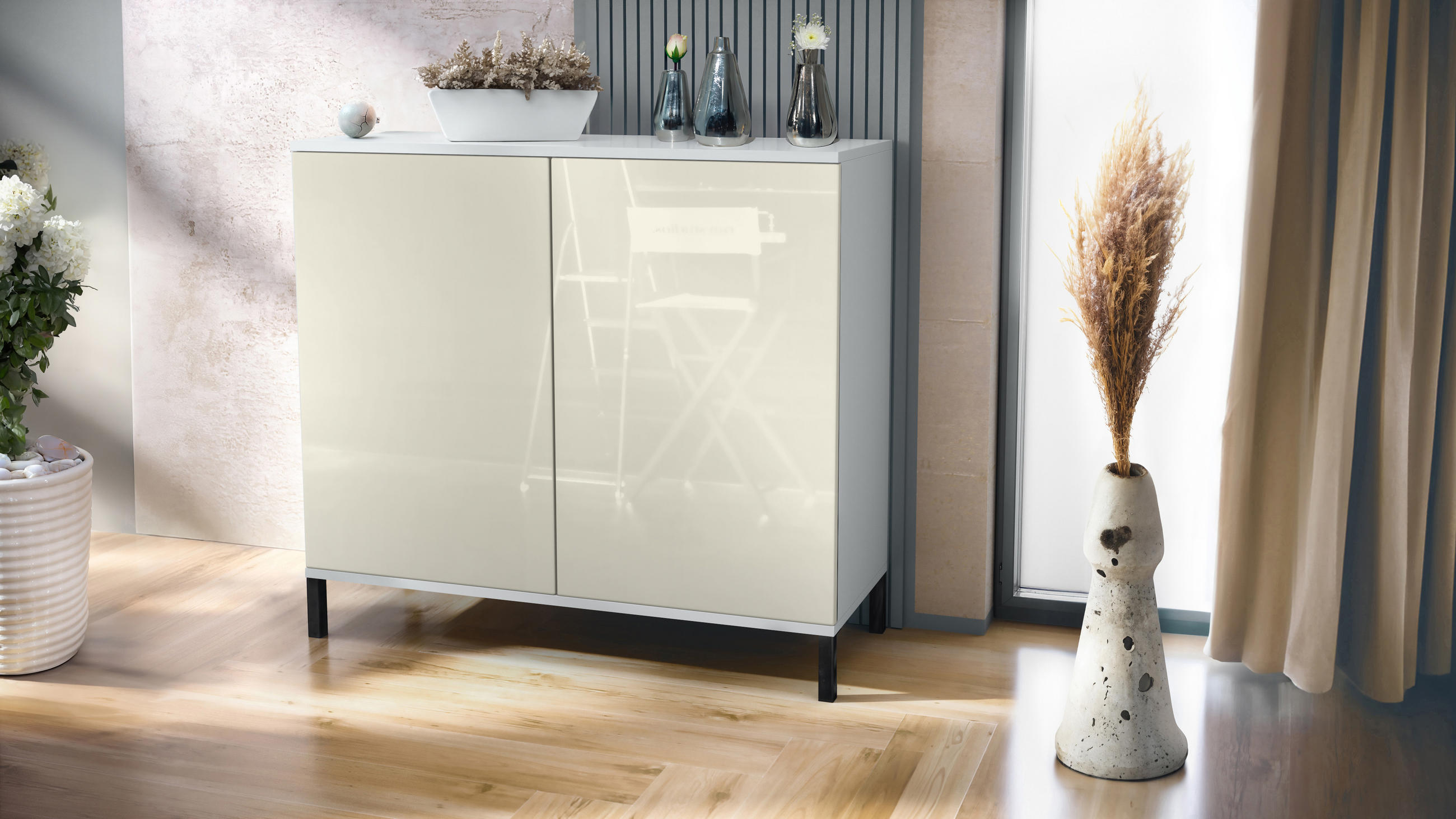 KOMMODE Skadu Creme Hochglanz - Creme, Holzwerkstoff (92.5/83.5/35cm) - Vladon