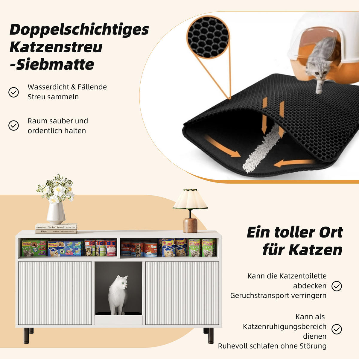SIDEBOARD Weiß aus MDF 120×50×66cm als Katzentoiletten-Schrank mit Sandauffangmatte und Ablagefächern - Weiß, Holzwerkstoff (50/66/120cm) - Luhomfu
