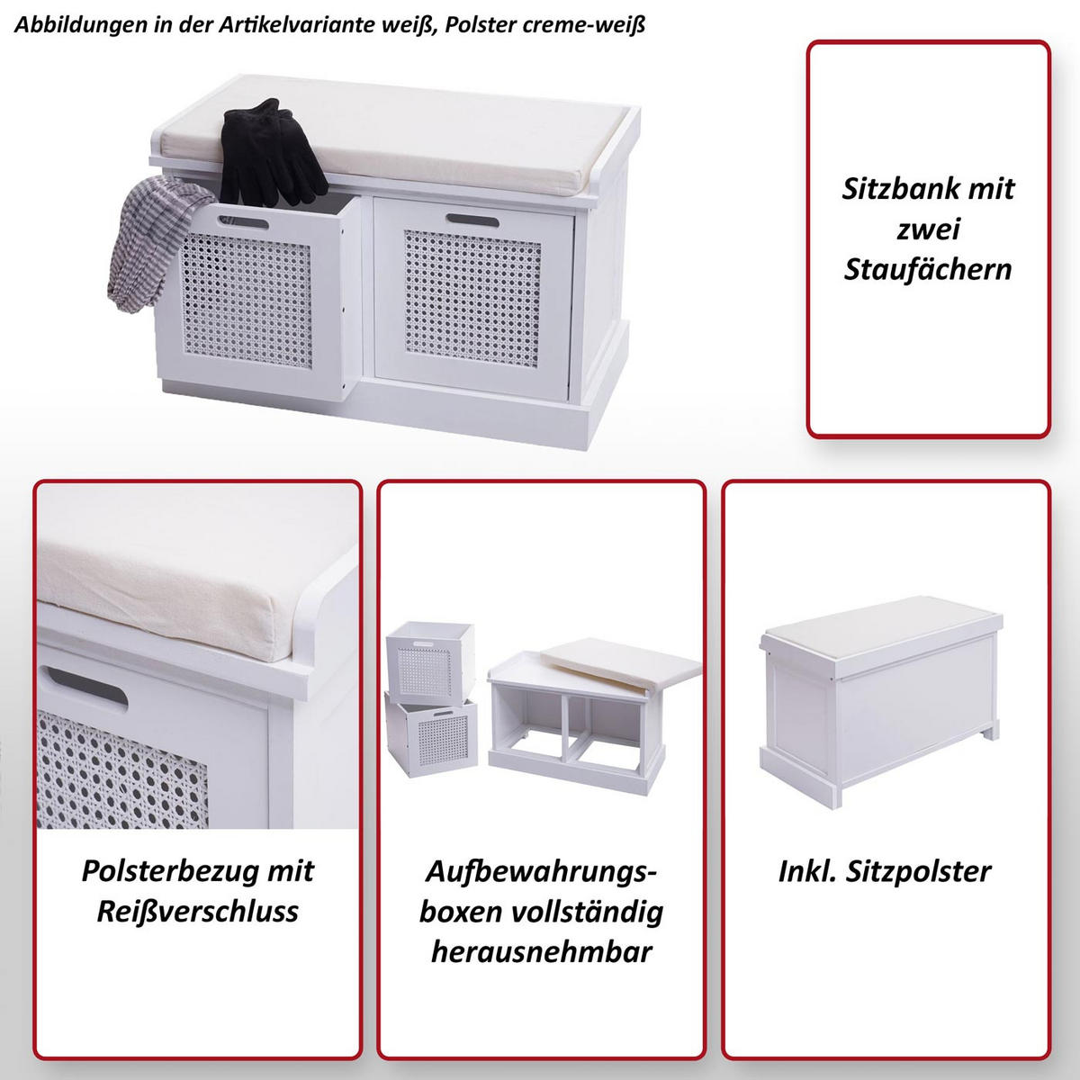 SITZBANK AUFBEWAHRUNGSBOXEN Cremeweiß - Creme/Weiß, Holz (75/47/40cm) - MCW