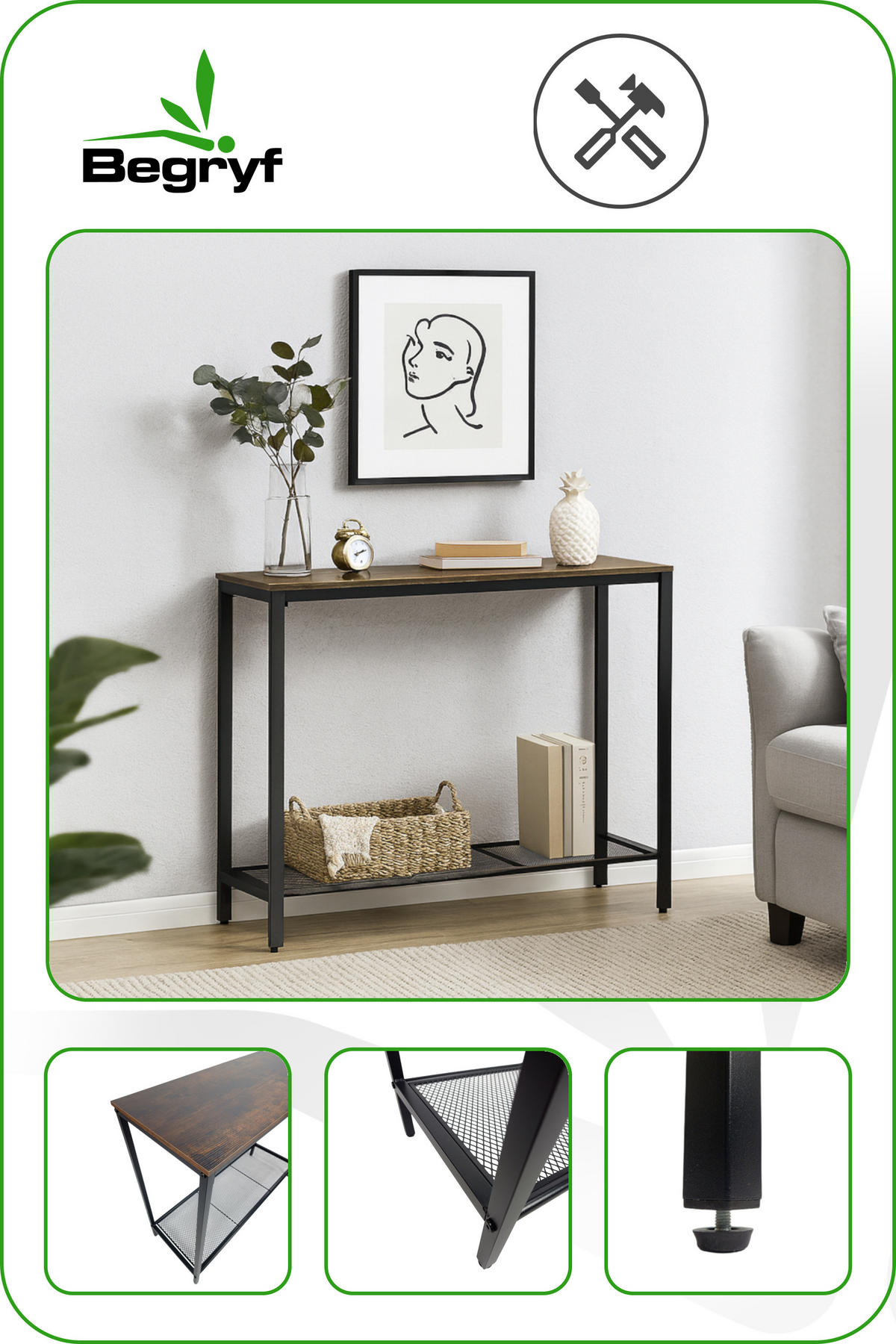 KONSOLENTISCH Holzoptik Metall Dunkelbraun Schwarz 100×35×80 cm - Dunkelbraun/Schwarz, Holzwerkstoff/Metall (35/100/80cm) - Begryf