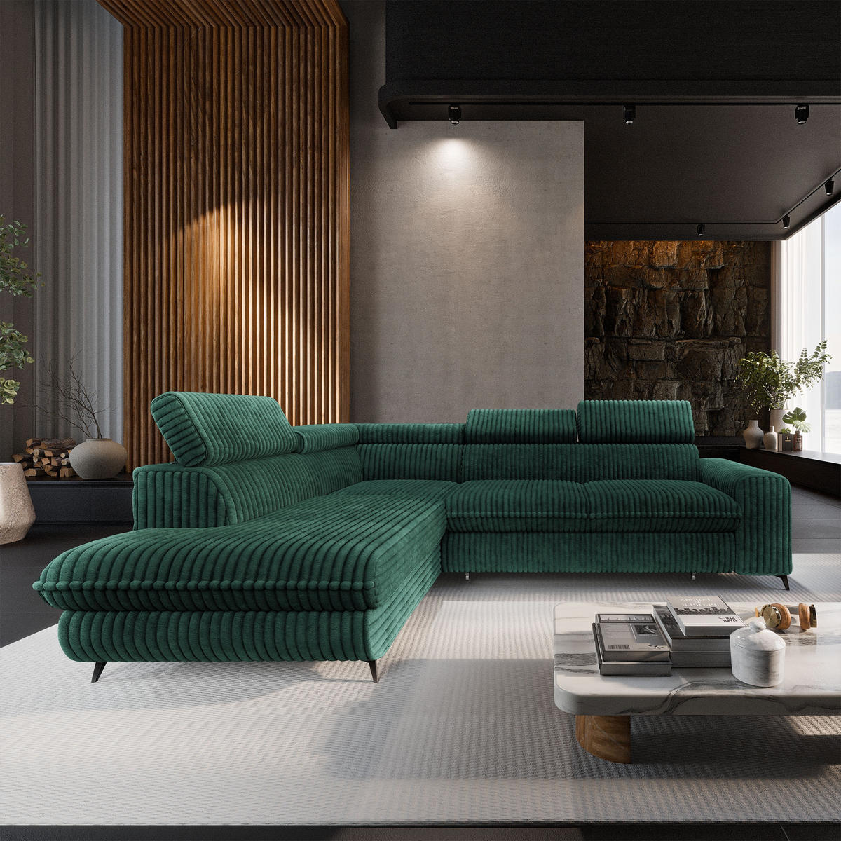 ECKSOFA VELISS Grün Kordstoff mit Schlaffunktion - Grün, Holz (255/193cm) - MASSENO