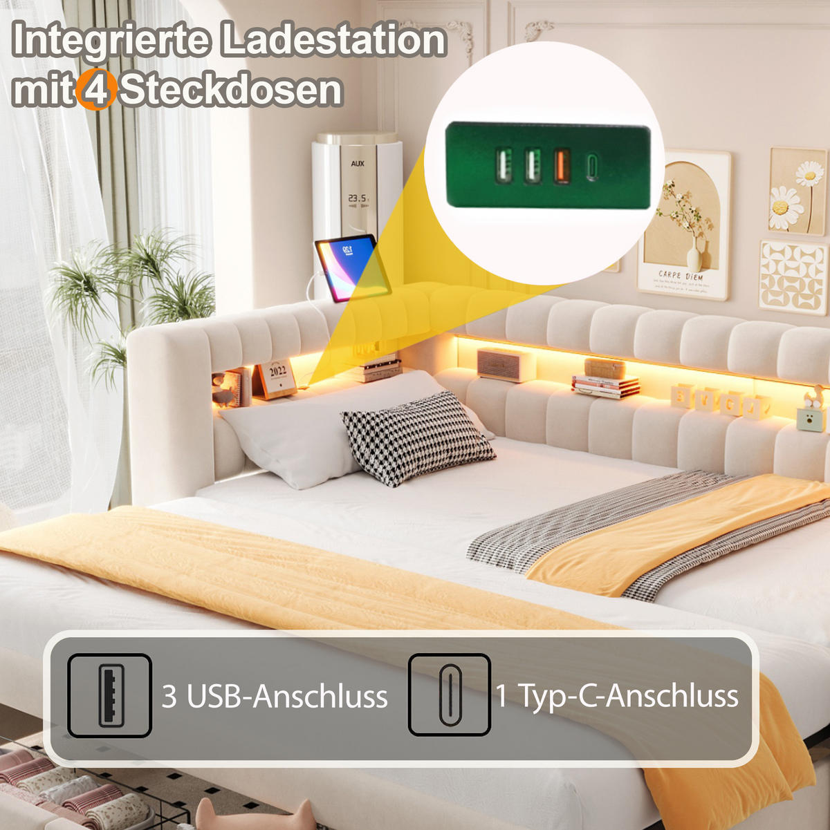 ČALOUNĚNÁ rozkládací postel 90/190 cm s výsuvným lůžkem, úložným prostorem, LED a USB/USB-C, Béžová - béžová, textil (90/190cm) - Redom