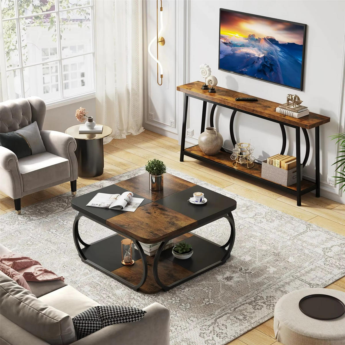 COUCHTISCH Holzoptik 100 cm mit Metallgestell - Braun, Holz (100/100/50cm) - Kaket