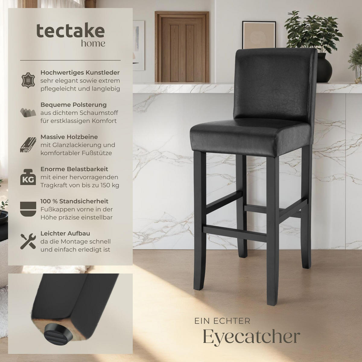 BARHOCKER 6er Set Kunstleder, Sitzhöhe 76 cm, antikbraun - Schwarz, Leder/Holz (40/107/41cm) - tectake