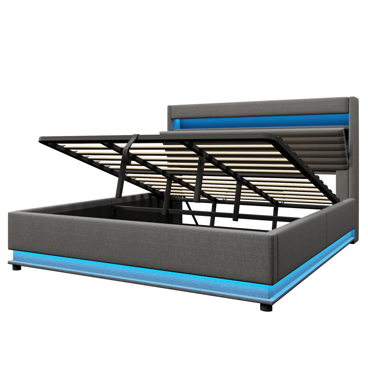 POLSTERBETT mit Stauraum 180x200 cm Leinen Grau mit LED und USB - Grau, Metall (180/200cm) - Meubliv