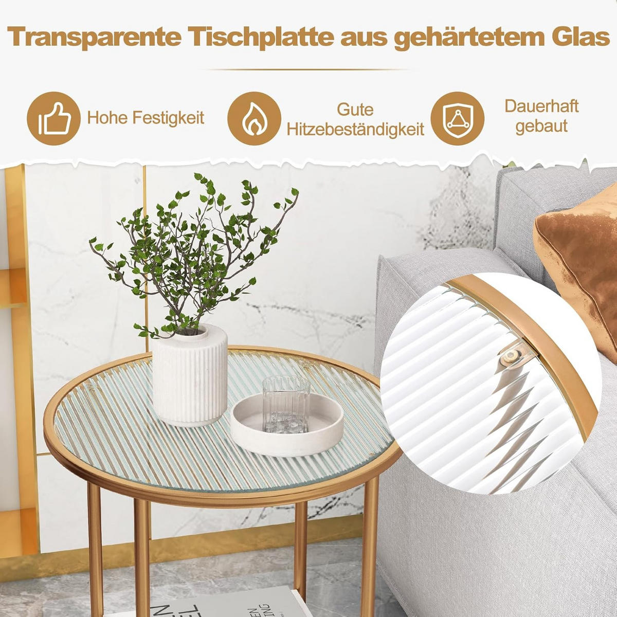 BEISTELLTISCH 60cm Gold - Goldfarben, Glas (50/50/60cm) - COSTWAY