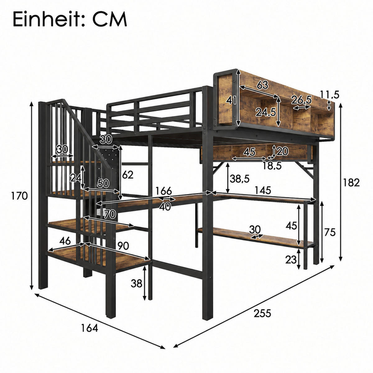 HOCHBETT 140/200 cm Schwarz mit Eckschreibtisch, Stauraum und LED - Schwarz, Holz (140/200cm) - Oxeza