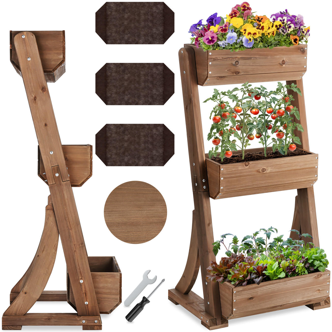 VERTIKALBEET Flora,inklusive Pflanzvlies, 60 x 49 x 140 cm,braun - Braun, Holz (60/140/49cm) - tectake