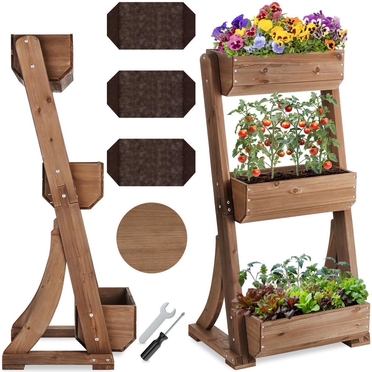 VERTIKALBEET Flora,inklusive Pflanzvlies, 60 x 49 x 140 cm,braun - Braun, Holz (60/140/49cm) - tectake
