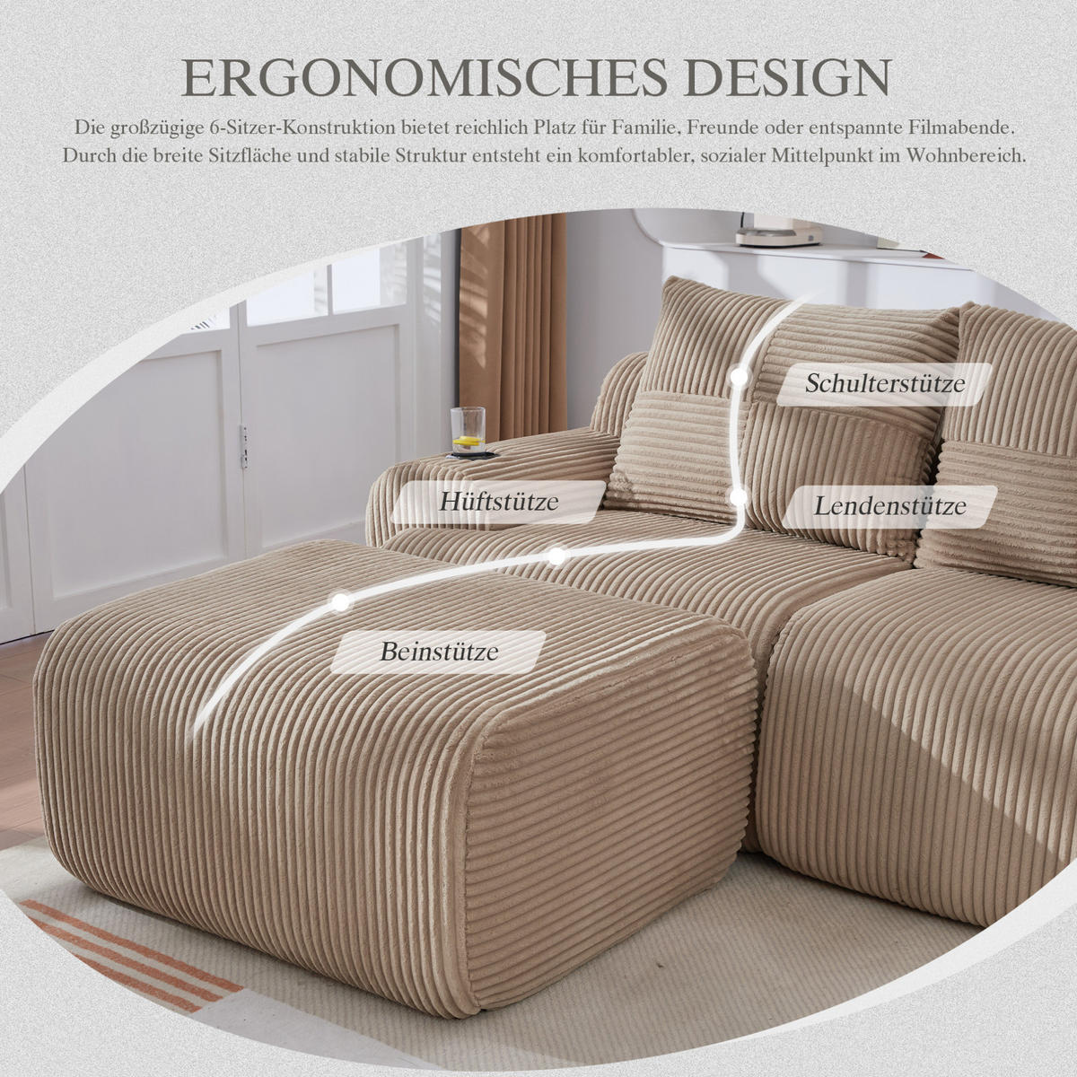 MODULARES 3-Sitzer Sofa Cordstoff mit Hocker Getränkehalter und Seitentasche 268/174/80 cm Sandfarben - Sandfarben, Textil (174/268cm) - Redom