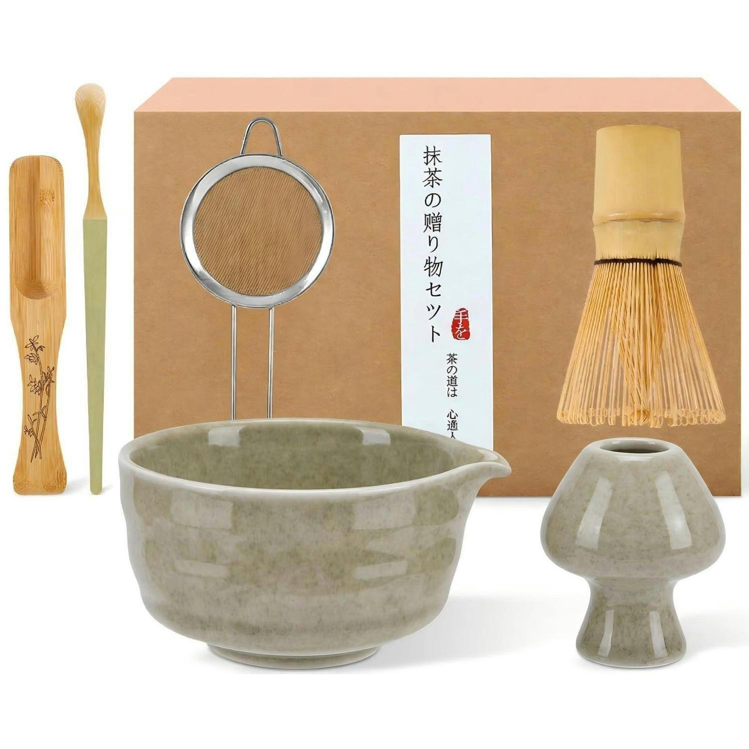 MATCHA Set 6-teilig Grün mit Bambusbesen und Schale - Grün, Naturmaterialien (15/10/15cm)