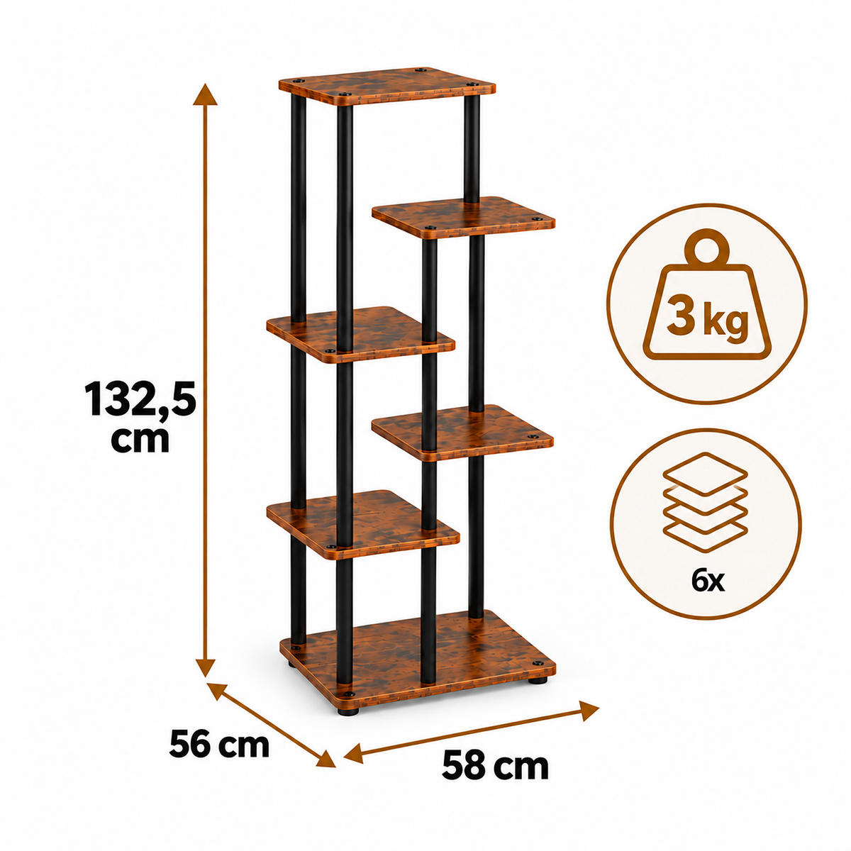 REGÁL Tmavohnedá Čierna na rastliny 6 políc štvorcové - viacfarebná, kov/kompozitné drevo (58/132.5/56cm) - Relaxdays