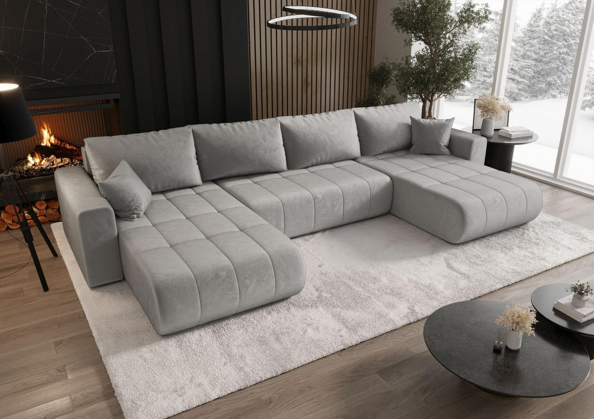WOHNLANDSCHAFT LARA U-Form hellgrau Velours Monolith 84 - Schlaffunktion, Bettkasten - Hellgrau, Textil (385/85/175cm) - Cornero