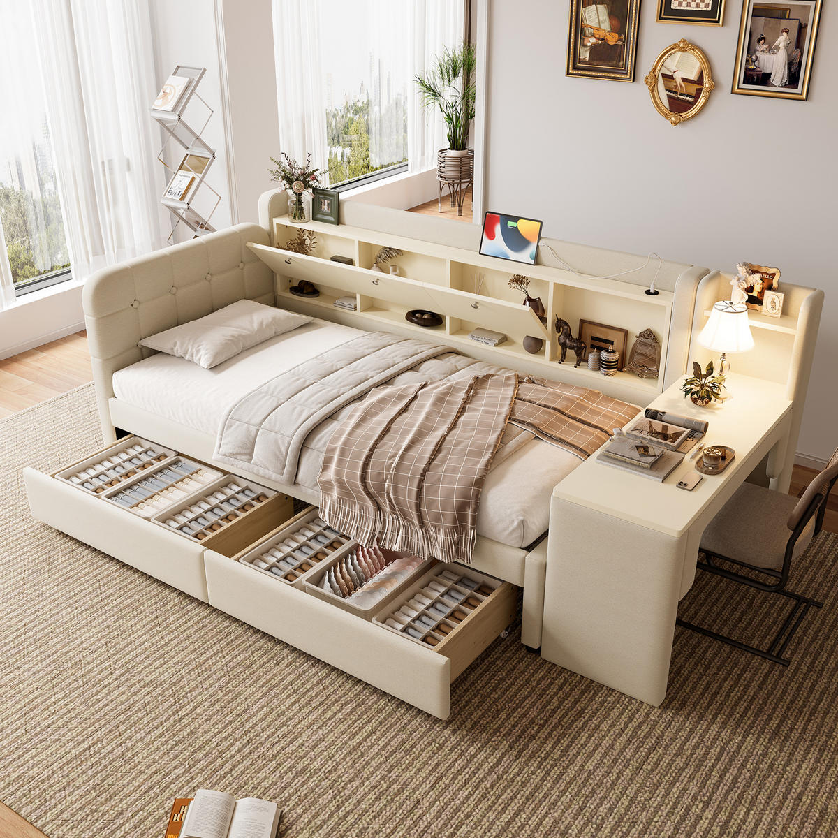 TAGEBETT 90x200cm Beige Leinen 2 Schubladen Schreibtisch USB-C - Beige, Holz (90/200cm) - FLIEKS
