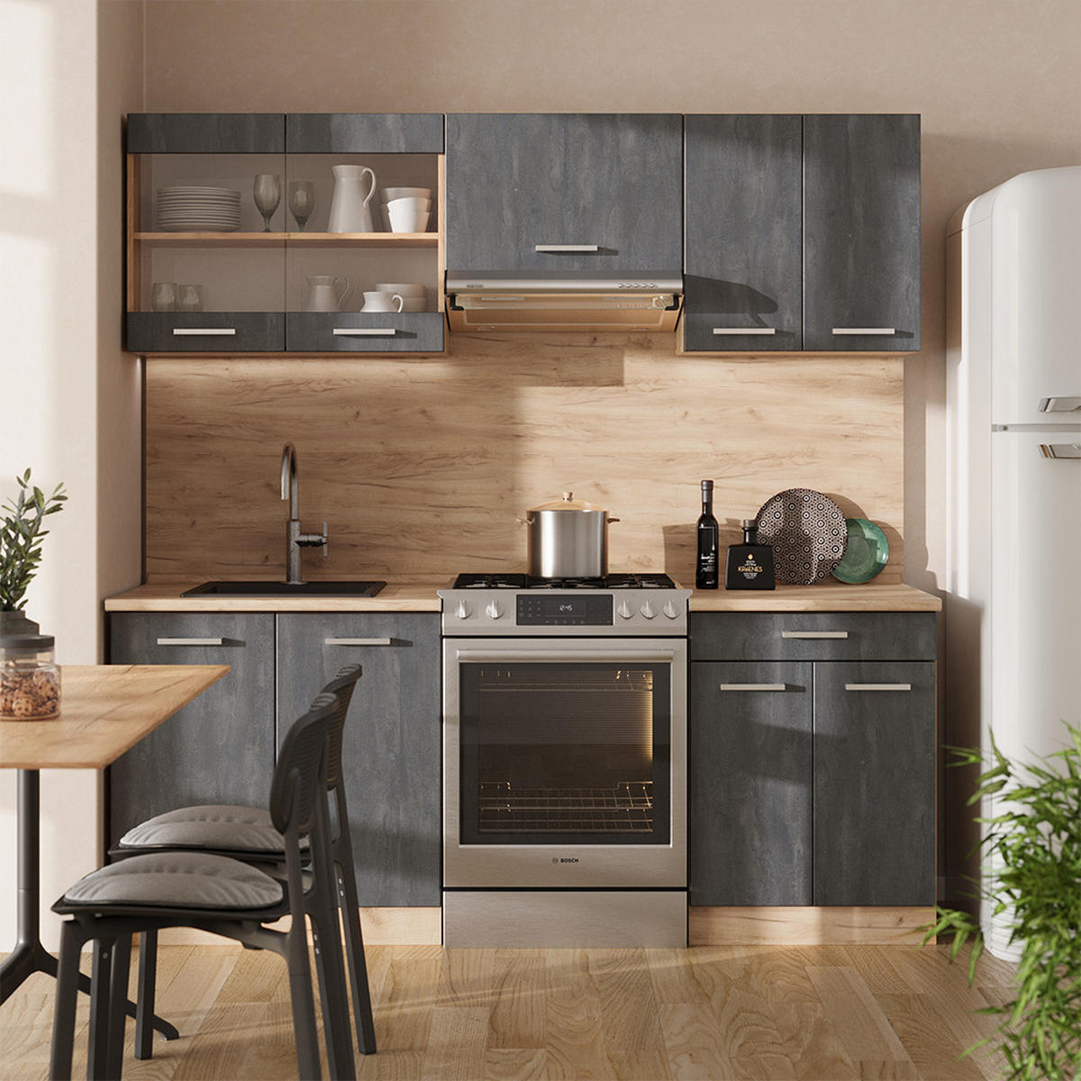 KÜCHENZEILE R-Line Schwarz Beton/Goldkraft Eiche 200 cm AP Anthrazit - Eiche Wotan/Schwarz, Holzwerkstoff (200/81.6/60cm) - Vicco