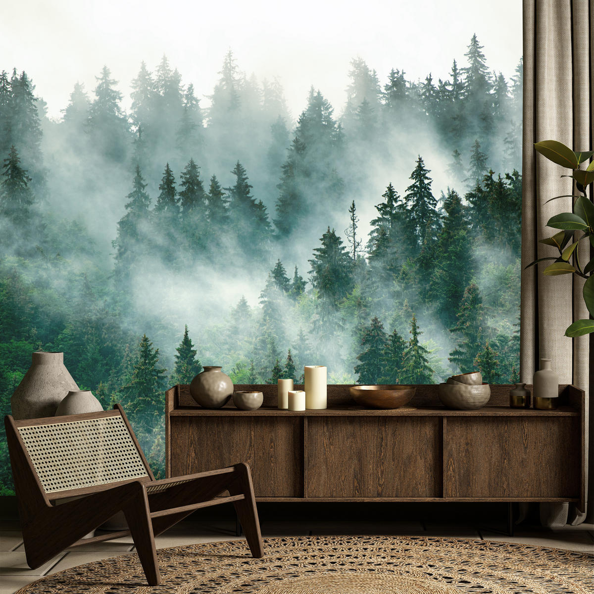 FOTOTAPETA Pre Kuchyňu Ihličnaté Stromy Hmlový Les Mystický Zelená 100 x 70 cm - sivá/zelená, papier (100/70cm) - Muralo