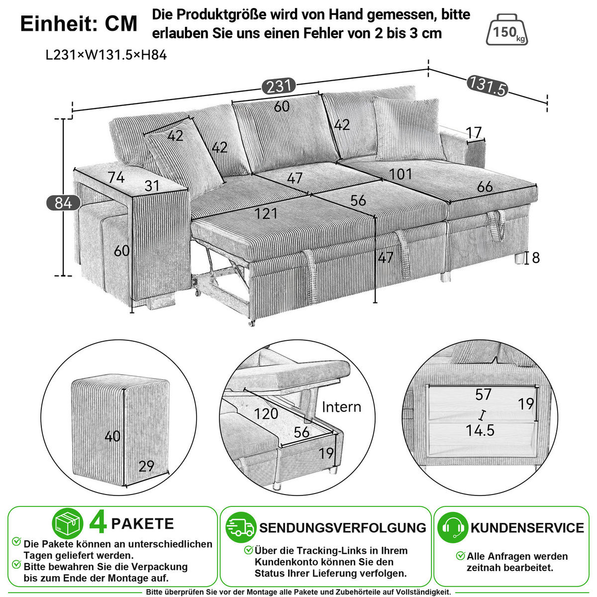 ECKSOFA in Grau aus Cord mit USB-Ladeanschluss und Kissen - Schwarz/Grau, Holzwerkstoff/Kunststoff (231/131.5cm) - CHICFURN