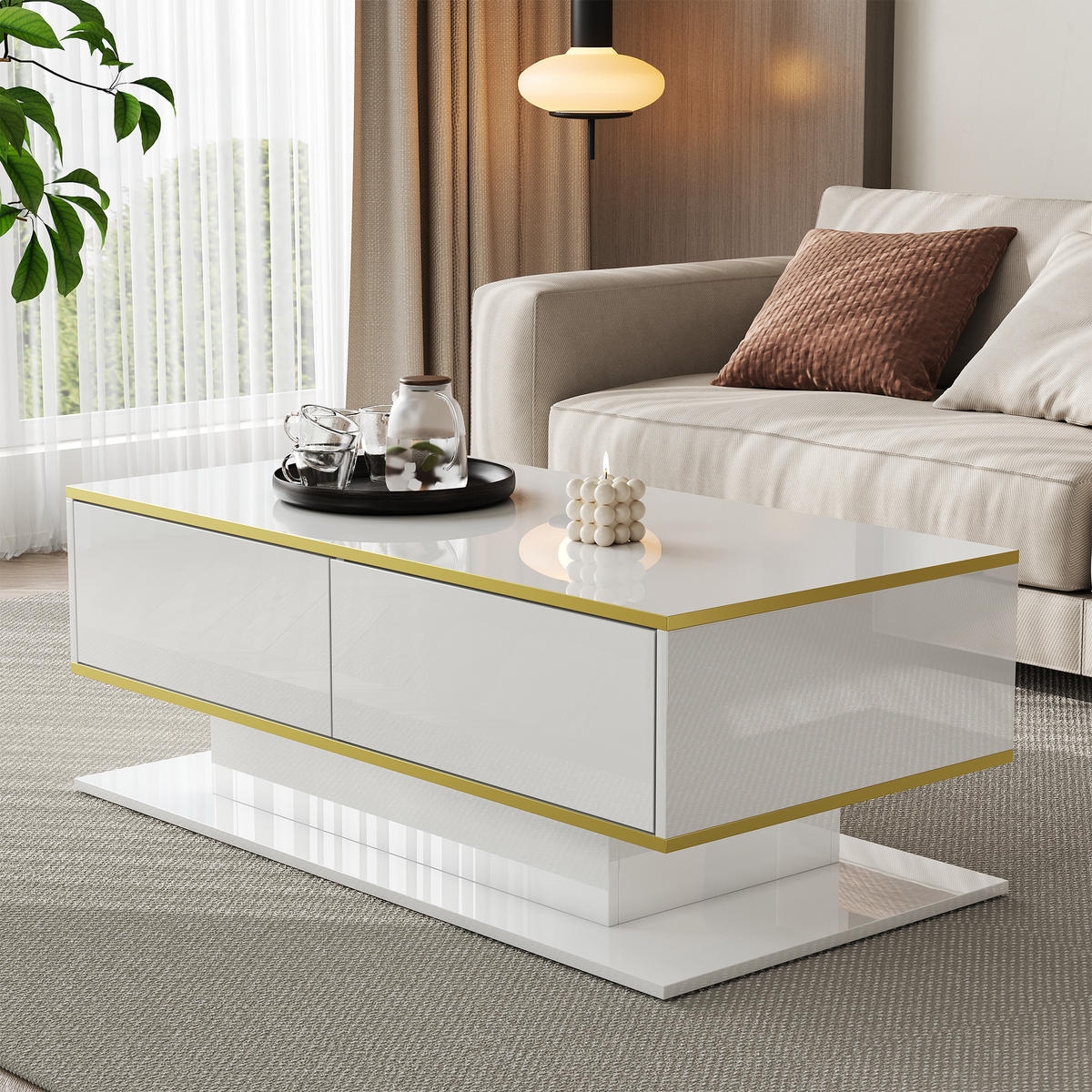 COUCHTISCH in Weiß mit 3 Schubladen und LED-Beleuchtung für Wohnzimmer, B100/T50/H40 cm - Goldfarben/Weiß, Holzwerkstoff (50/100/40cm) - STILVORA