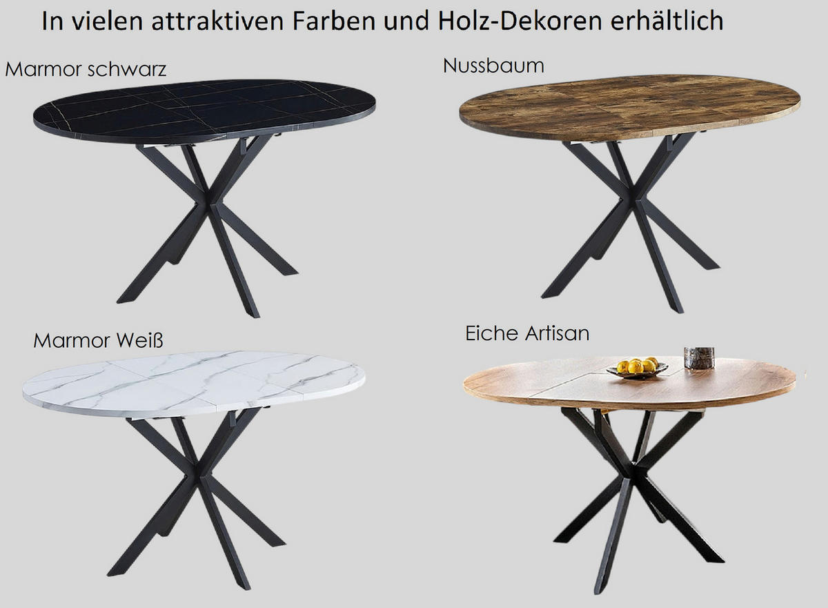ESSTISCH Rund Marmor Weiß - Schwarz matt 100x75 cm - Schwarz/Weiß, Holzwerkstoff (100/100/75cm) - designimpex