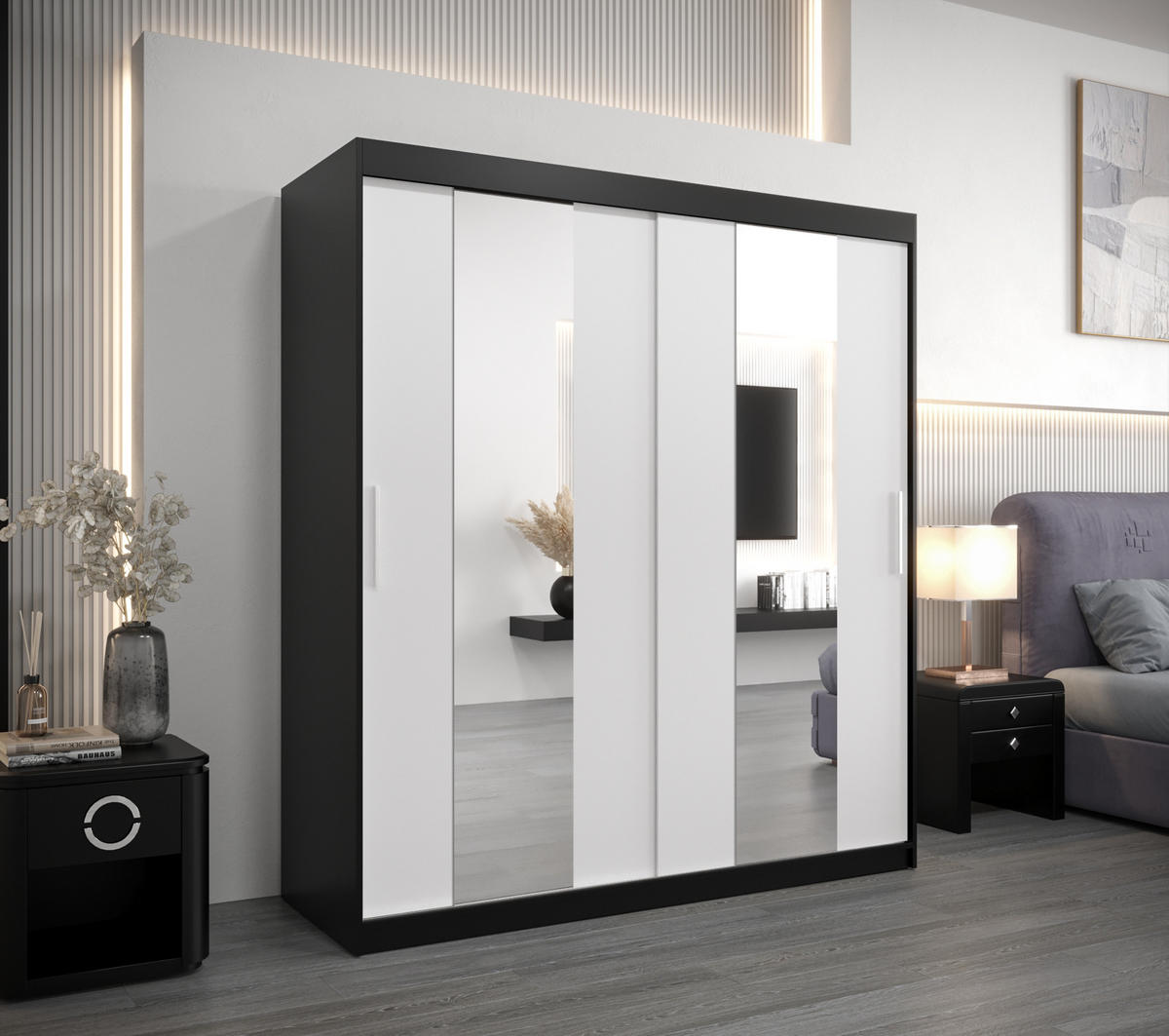 SCHWEBETÜRENSCHRANK 200/180/62 2-türig - Silberfarben/Schwarz, Holz/Kunststoff (180/200/62cm) - Abiks Möbel