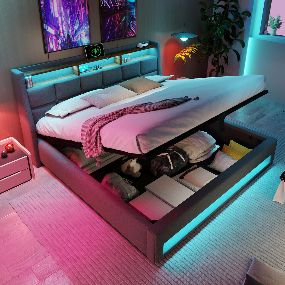 POLSTERBETT 140/200 cm Grau aus Leinen mit LED und USB - Grau, Textil (140/200cm) - OKMYHOME