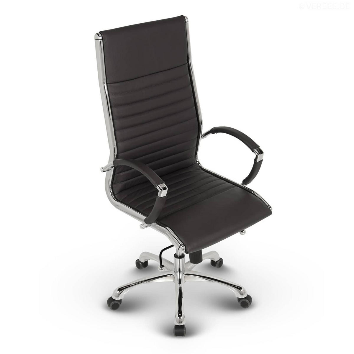 BÜROSTUHL Montreal Echtleder Schwarz – ergonomisch, 150 kg belastbar, Sitzhöhe 46-54cm - Schwarz Hochglanz, Leder/Metall (60/115/60cm) - Versee