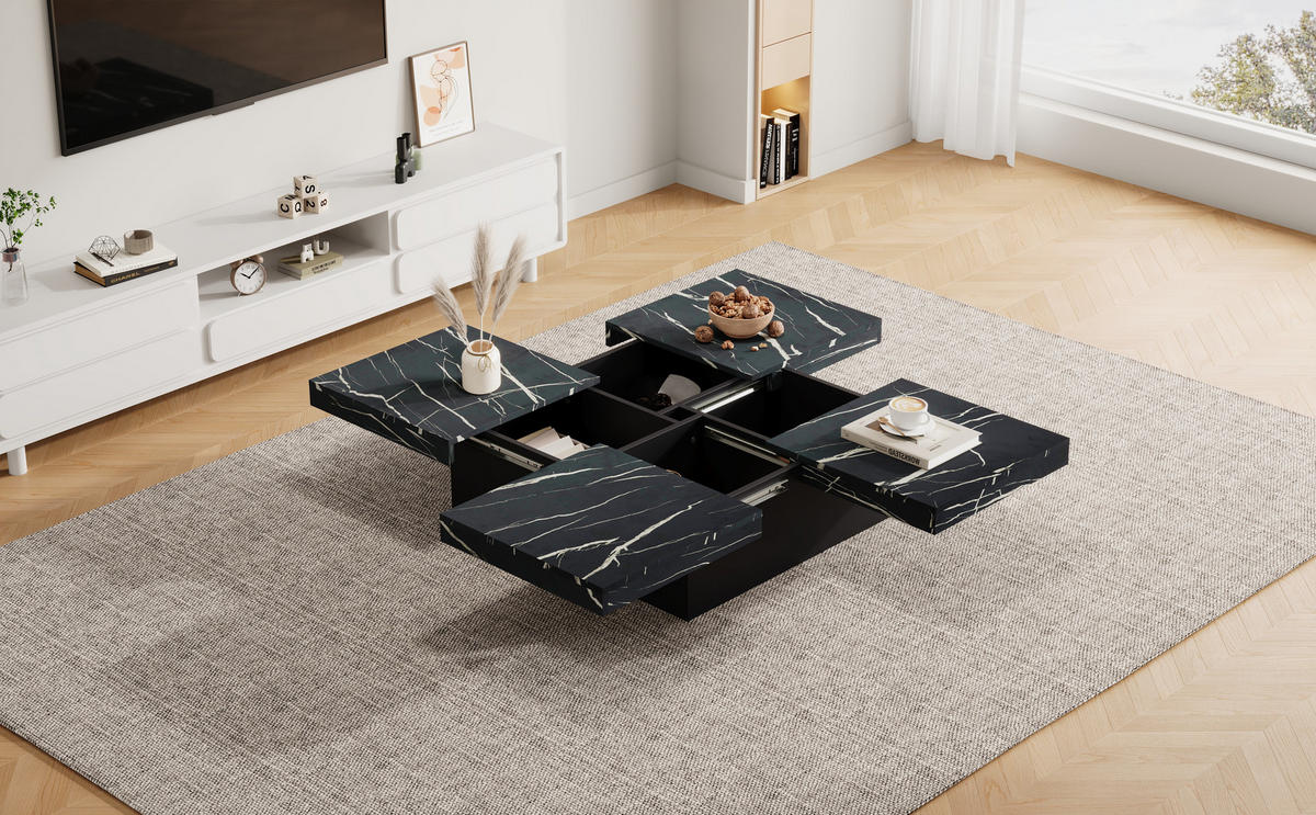 COUCHTISCH 90/90/25 cm schwarz mit Marmor-Optik und 4 Schubladen - Schwarz, Holzwerkstoff (90/90/25cm) - OKWISH
