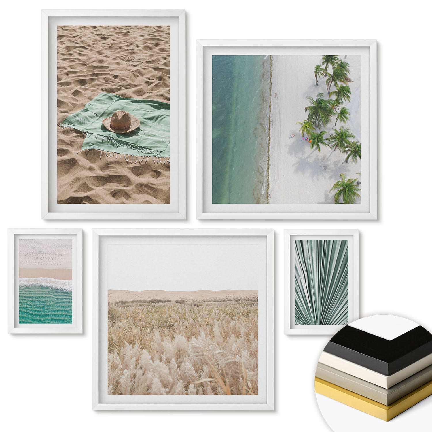 WANDBILDER 5er-Set - 50x50 cm & 20x30 cm & 40x60 cm Weißer Rahmen - Urlaubsblick Strand Meer - Weiß, Kunststoff (40/60cm) - ArtPrintCave