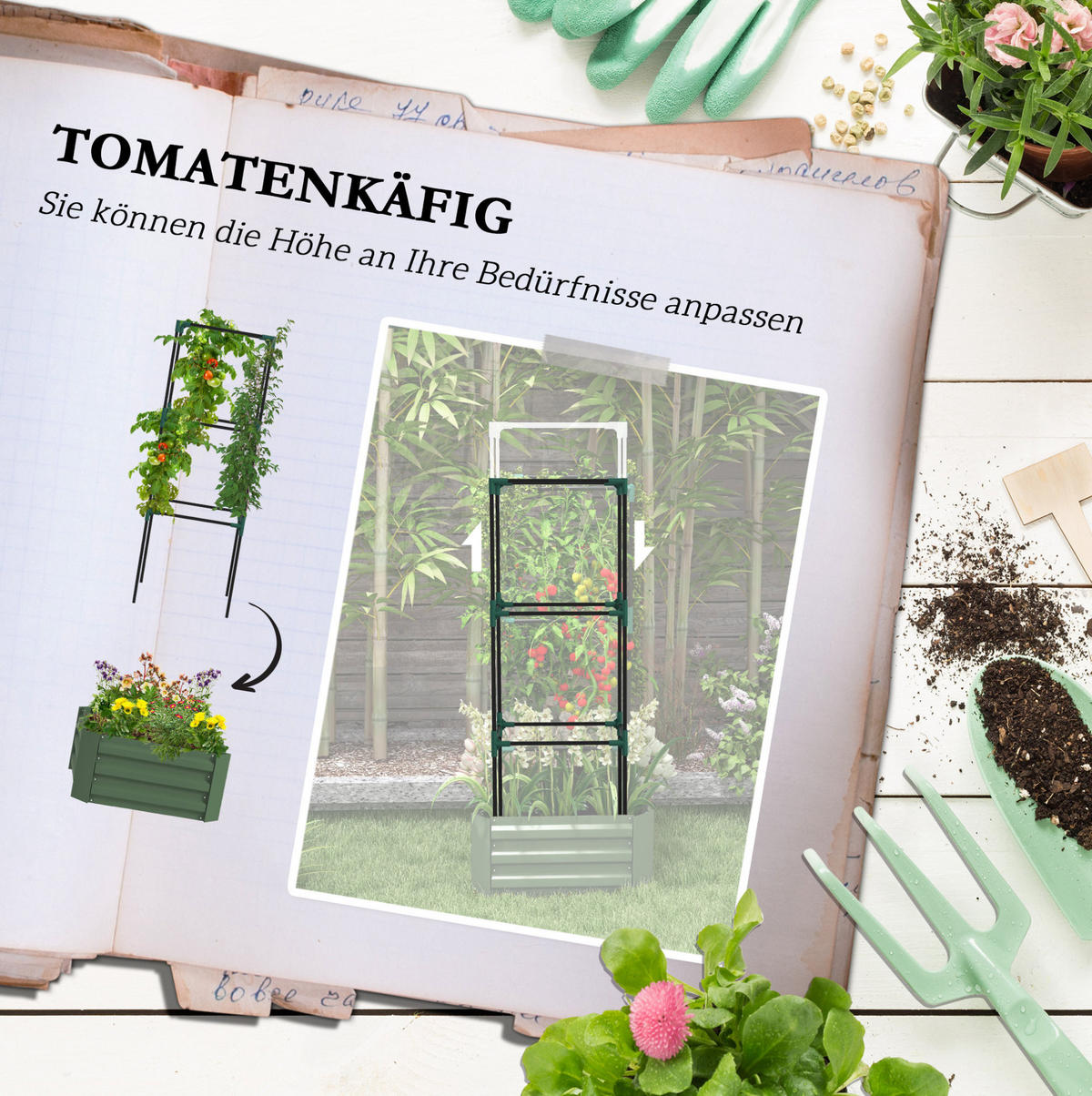 BLUMENKASTEN aus Stahl 61x61x140 cm in Grün mit Tomatenrankhilfe - Grün, Metall (61/140/61cm) - Modfu