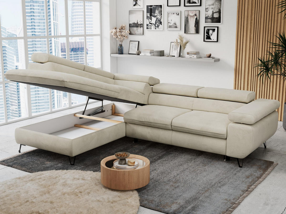 ECKSOFA PETER L Beige Velvet - Links Seite - Beige/Schwarz, Textil/Metall (208/273cm) - MKS