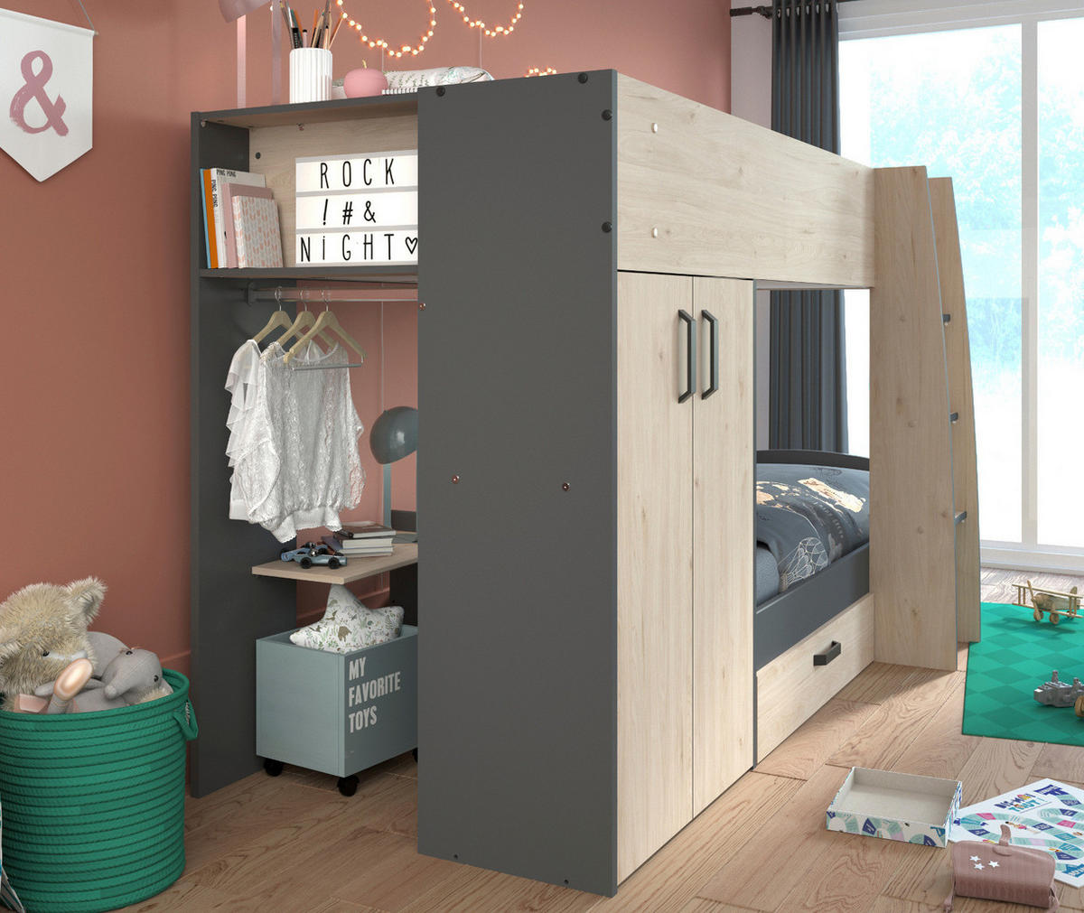 ETAGENBETT Hochbett mit Kleiderschrank Schublade Bett 90 x 200 cm - Eichefarben/Schwarz, Holz/Holzwerkstoff (90/200cm) - Parisot Meuble