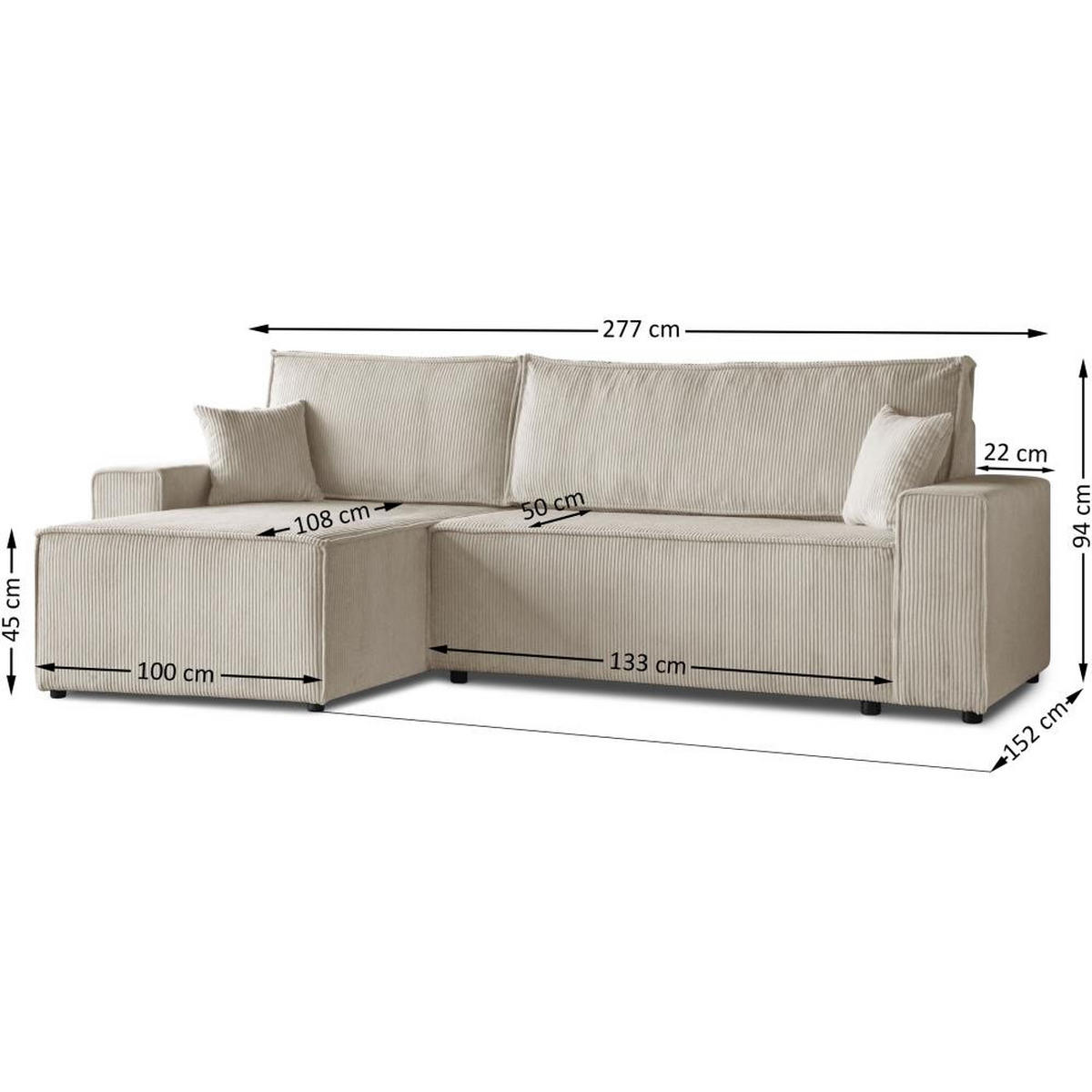 ECKSCHLAFSOFA mit Schlaffunktion Hektor beige - Beige/Schwarz, Kunststoff/Textil (277/152cm) - Beautysofa