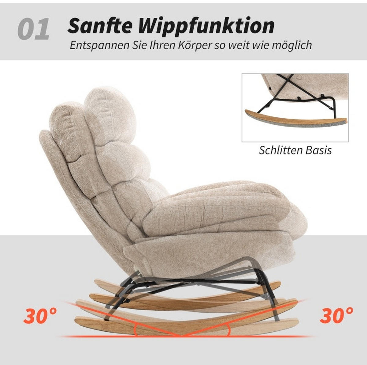 SCHWINGSTUHL in Cremeweiß 80/103/91 cm mit Polsterung und Holzkufen - Creme, Kunststoff (80/91/103cm) - BEAOK