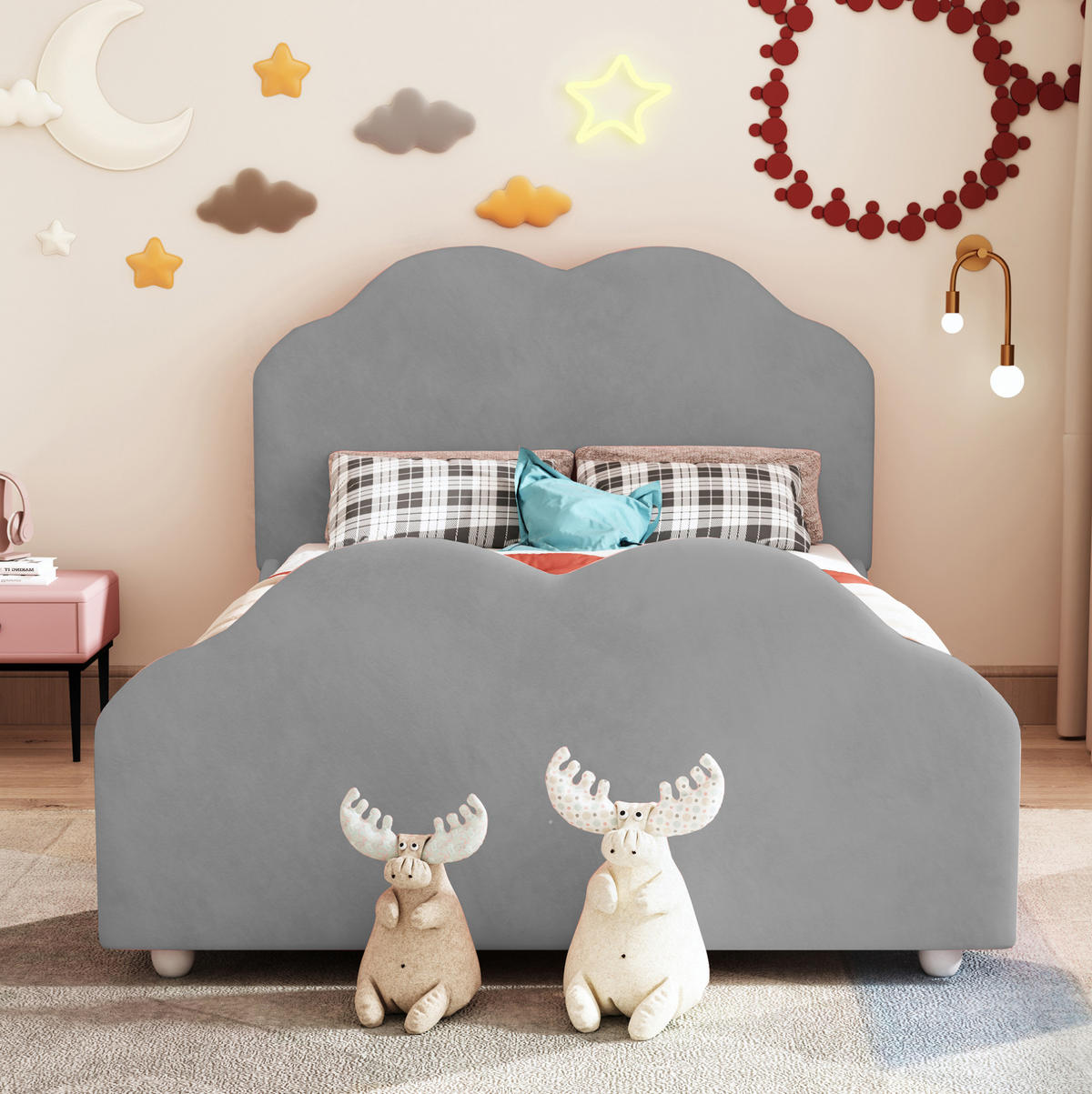 KINDERBETT 90/200 cm mit hohem Geländer, wolkenförmigem Kopf- und Fußteil und Samtbezug, Grau - Grau, Textil (90/200cm) - Redom