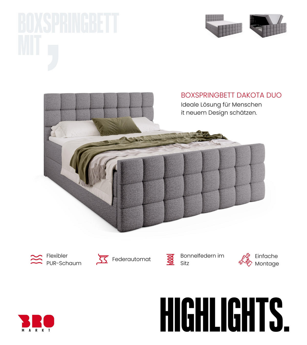 BOXBETT Dakota Duo mit Topper 140/200 Grau - Hellgrau, Holz/Textil (140/200cm) - Bromarkt