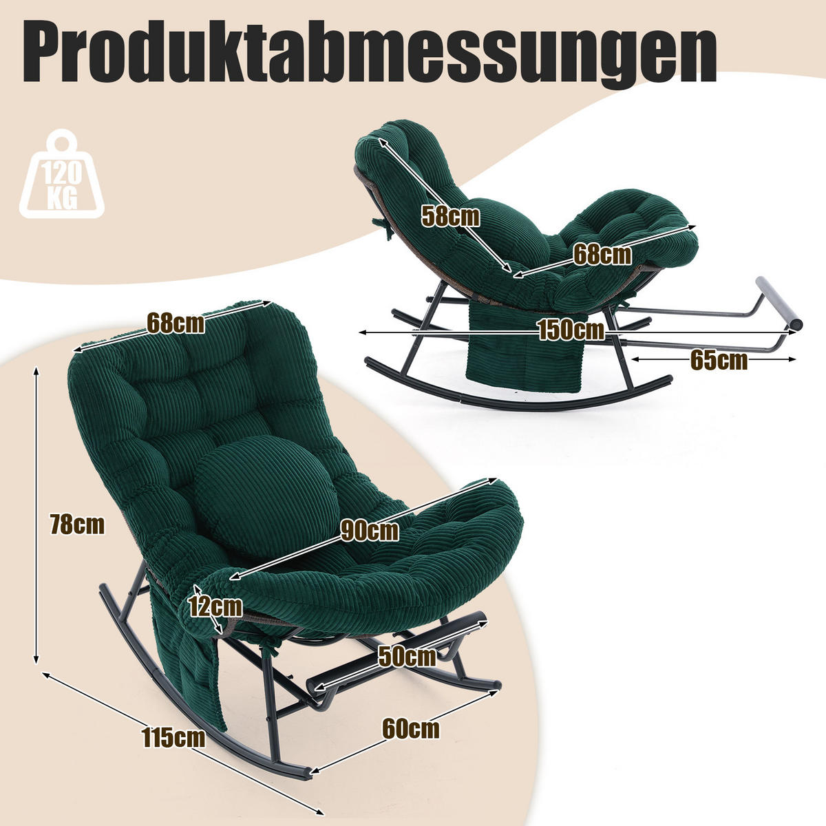 SCHAUKELSTUHL mit Fußstütze,Schaukelsessel XXL Rattanstuhl mit Kissen, Cord, Dunkelgrün - Grün, Textil (90/78/150cm) - LVHOM