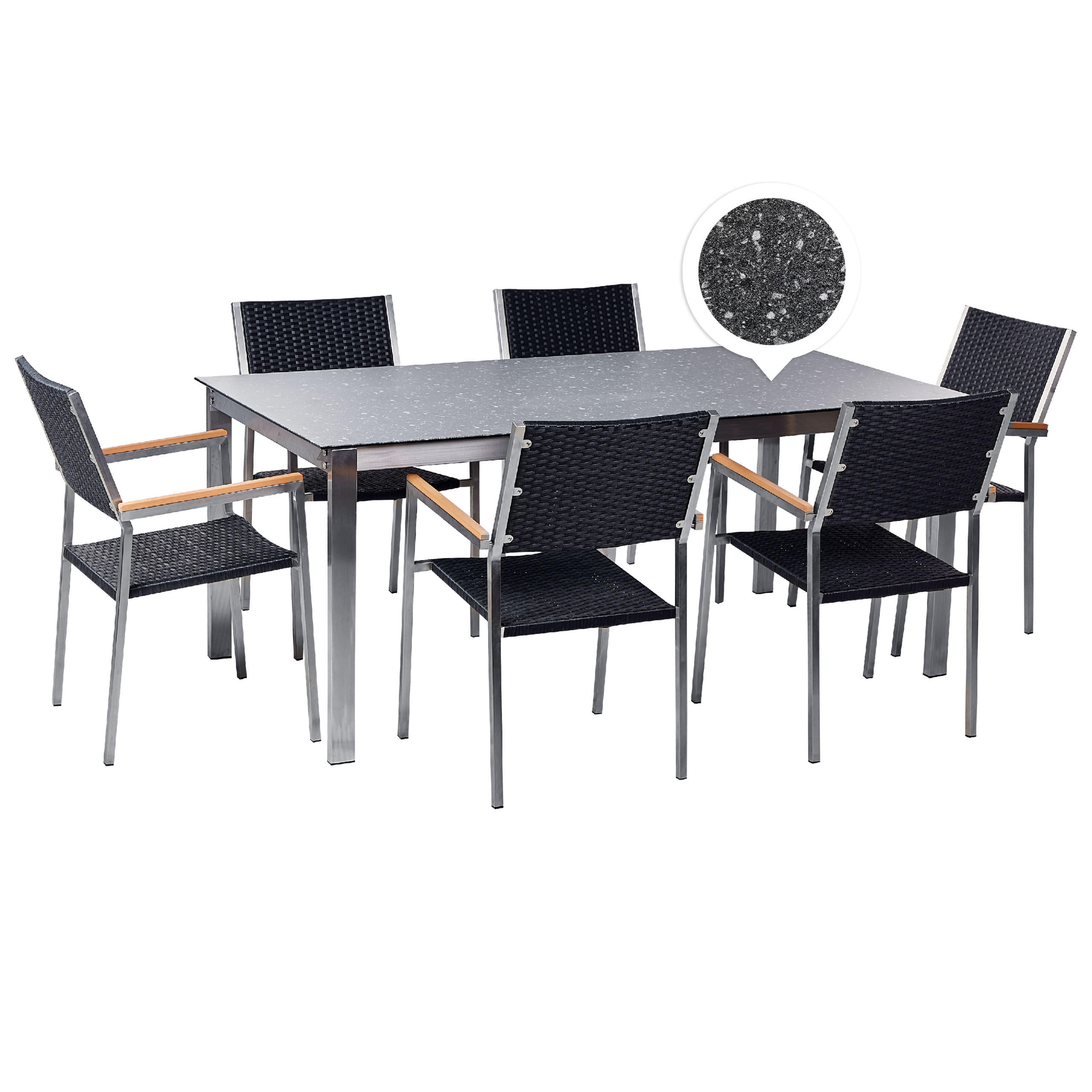 GARTENMÖBEL SET 6-Sitzer Keramik-Glas Granit Optik Rattan schwarz Cosoleto/Grosseto - Silberfarben/Schwarz, Glas - Beliani
