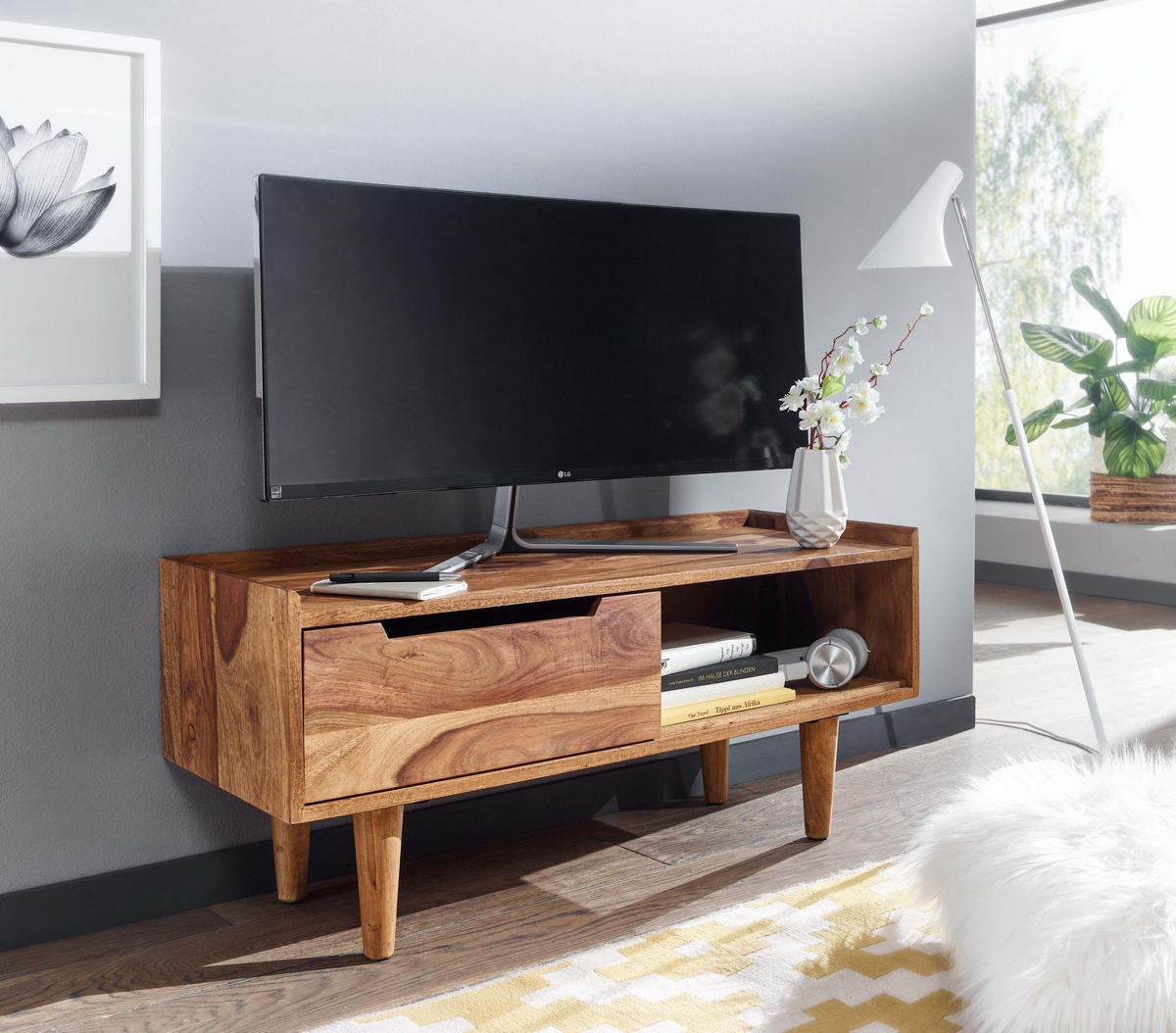LOWBOARD Massivholz Modern Stil für Fernseher bis 50 Zoll mit Schiebetür und 2 Fächern - Braun, Holz (95/44/34cm) - KADIMA DESIGN