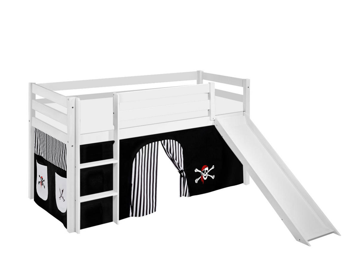 SPIELBETT JELLE Pirat Schwarz Weiß - Hochbett - mit Rutsche und Vorhang - Weiß, Holz - Lilokids