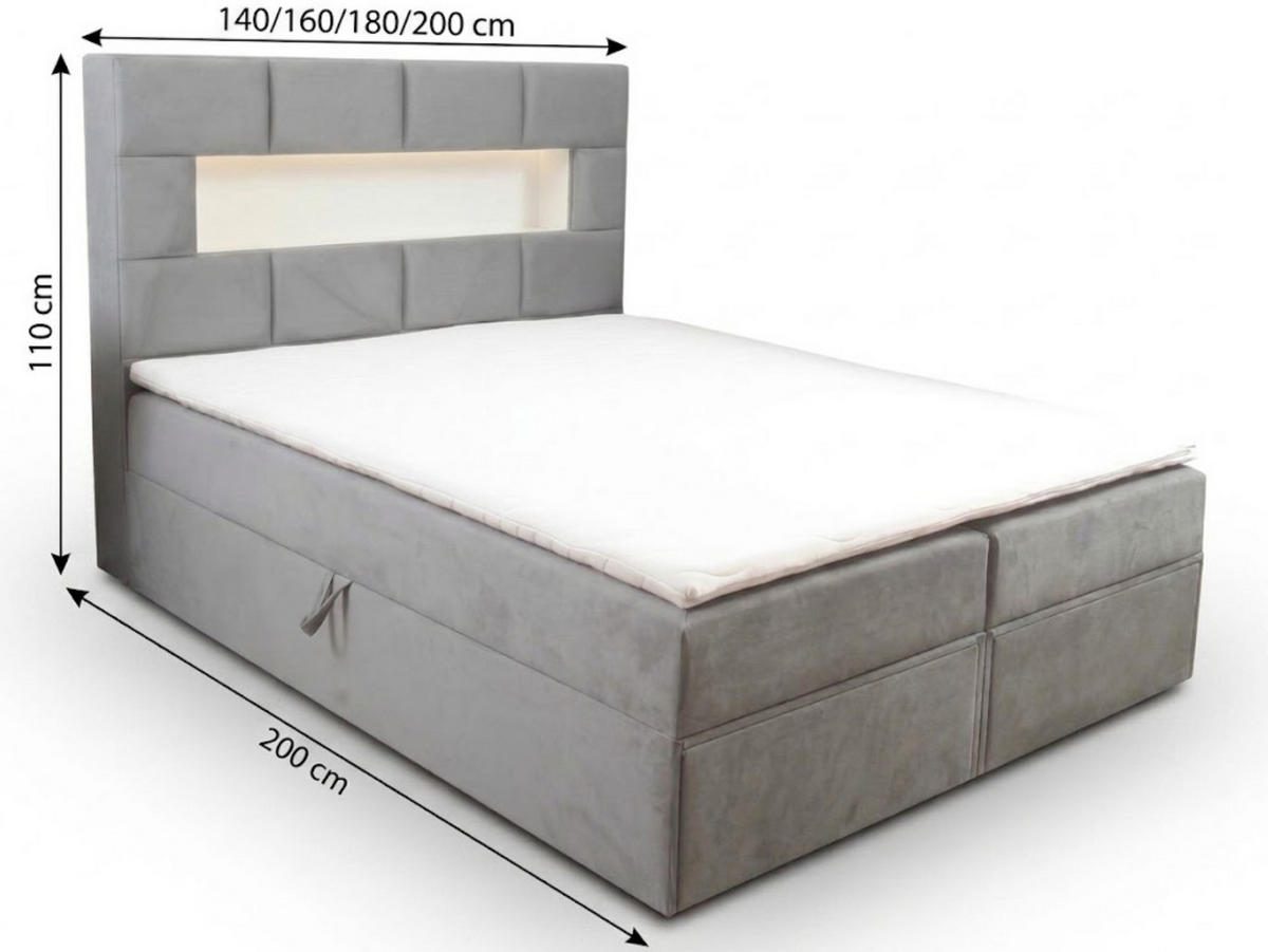 BOXBETT 200 x 200 cm mit Bettkasten und Matratze, LUX, LED Beleuchtung, Bücherregal und 2x USB, Grau - Grau, Holzwerkstoff/Kunststoff (200/200cm) - Trada
