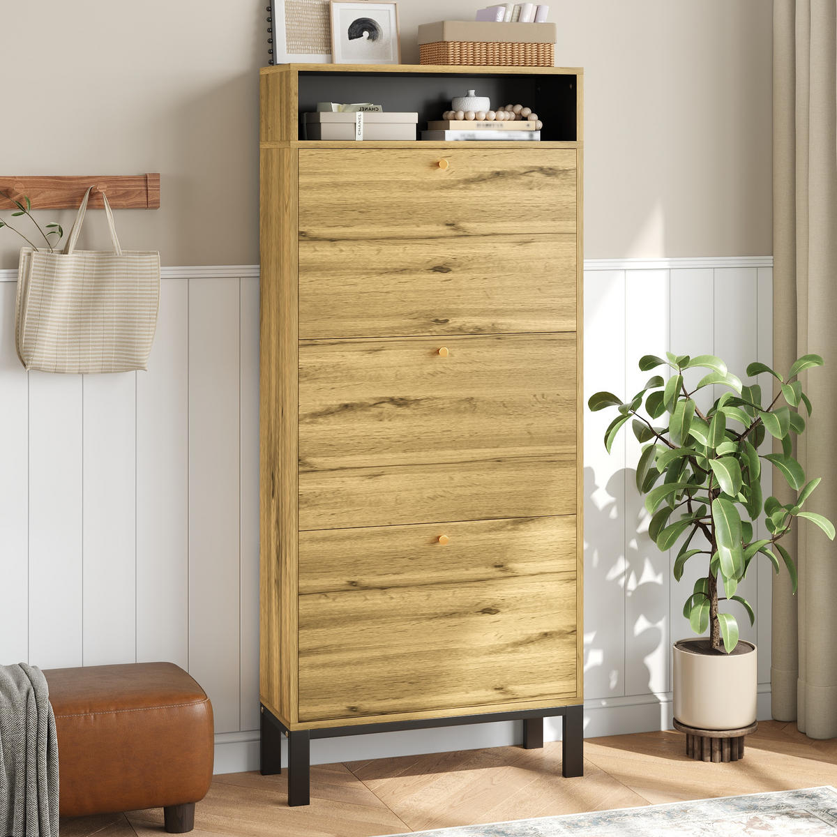 SCHUHSCHRANK aus MDF 63x24x147cm in Natur mit 3 Klappen - Naturfarben, Holzwerkstoff (63/147/24cm) - Modfu