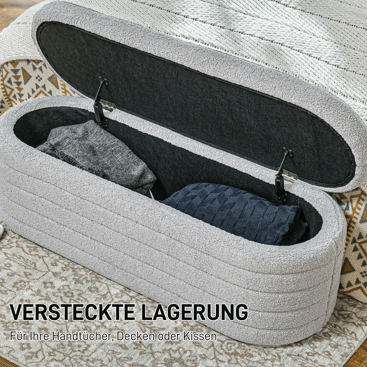 SITZBANK Polsterbank mit Stauraum, Teddy-Vlies-Optik, Bettbank mit Holzbeine - Hellgrau, Kunststoff (41/40.5/116cm) - HOMCOM