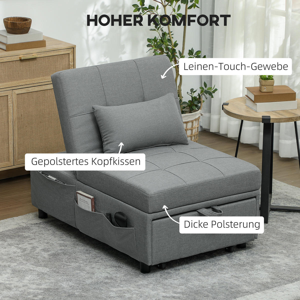SCHLAFSESSEL 3-in-1, mit Bettfunktion, Hellgrau - Hellgrau, Textil (65.5/81/104cm) - HOMCOM