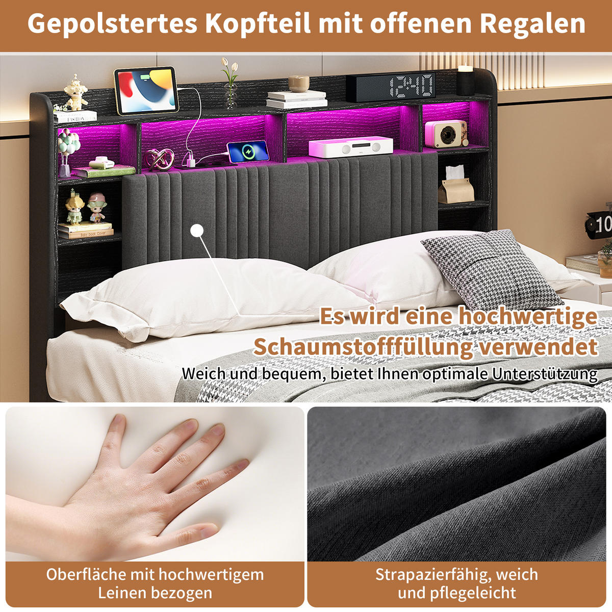 MODERNES POLSTERBETT 160x200 cm mit Stauraum, LED RGB und integrierter Ladestation – Dunkelgrau Leinen - Grau, Holz - SHOPENTRA