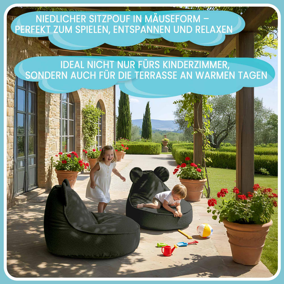 SITZSACK FÜR KINDER Maus 75/75/55 cm, weicher Bouclé 315 g/m², abnehmbarer Bezug, Forest Whisper - Dunkelgrün, Textil (75/55/75cm) - Dreamroots